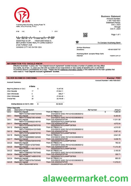 Huishang Bank firm account statement Word and PDF template